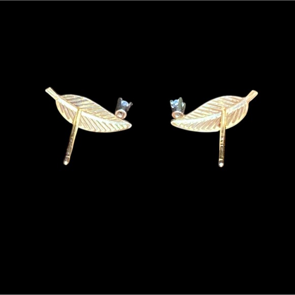 14K Solid Yellow Gold Leaf Stud Earrings, Diamond Accents. Vintage - Real Gold - Picture 12 of 12